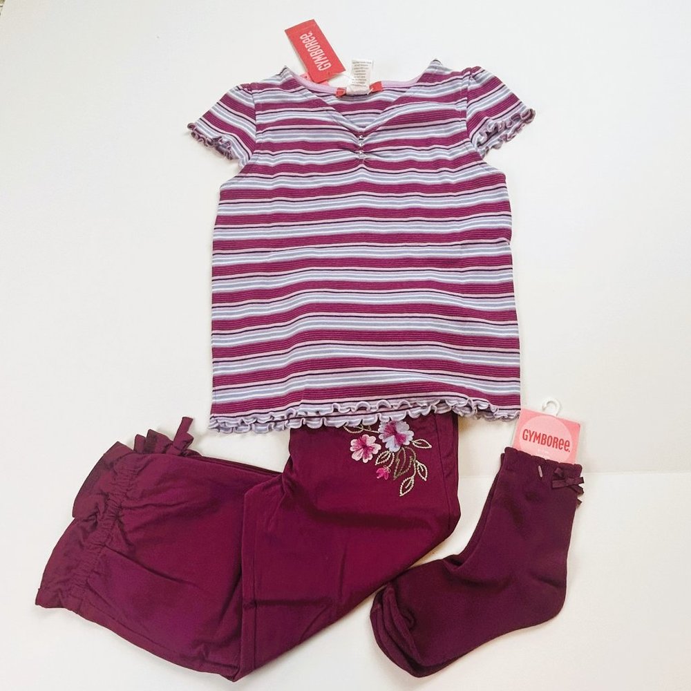 NWT Gymboree Girl Flower Pocket Ankle Pant, Stripe Rhinestone Tee & Sock Size 5